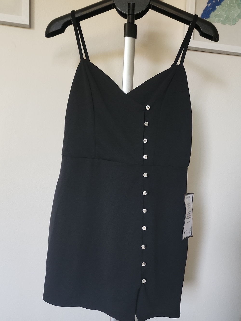 Trixxi Black Spaghetti Strap Mini Dress with Front Jewel Buttons